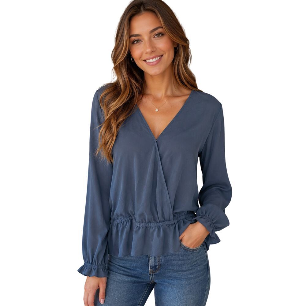 Ann taylor loft lightweight chiffon faux wrap sz L peplum blue long sleeve frill